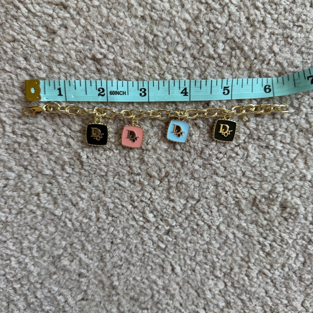Upcycled Dior Gold Chain Charm Bracelet with Black, Pink & Blue Enamel Logos